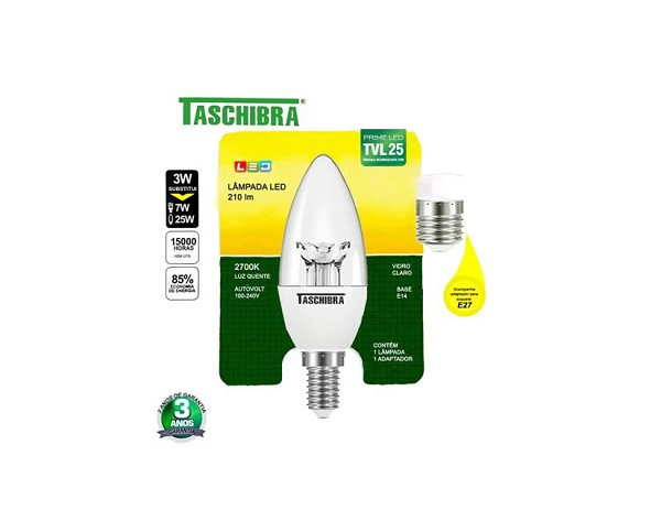 Lampada Led Vela Tvl 25 Clara 3w 2700k E14 C/adapt Tas Fll (peça) 